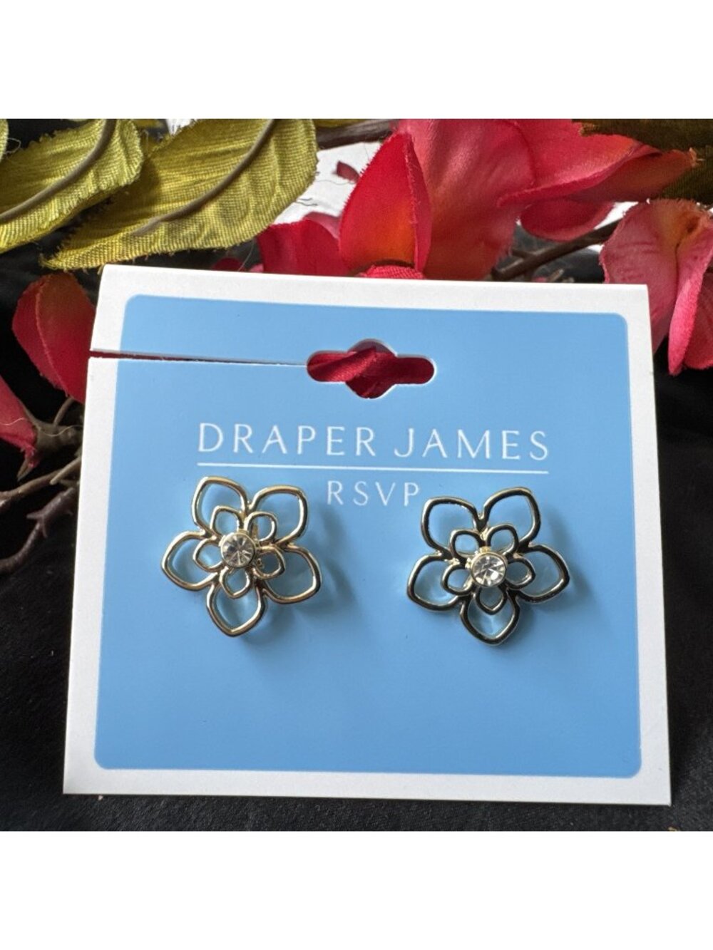 Draper James Dainty Filigree Flower 5" Earrings Rhinestone Center GoldTone NEW